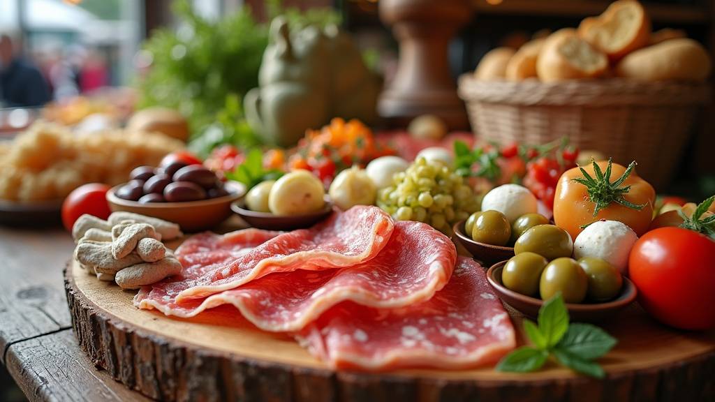 Plateau d'antipasti italiens préparés par Cas'al Dente à Tours avec jambons crus, fromages, olives et légumes marinés