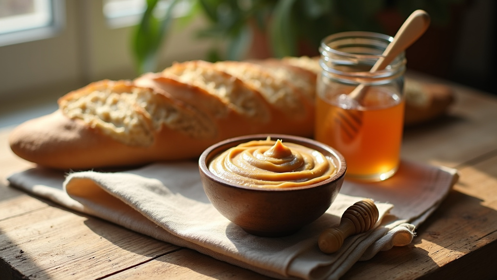 Pot de beurre de cacahuète artisanal avec des cacahuètes torréfiées à côté, sur une surface en bois rustique