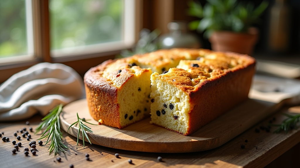 Cake aux olives emballé dans du papier sulfurisé, prêt à être emmené en pique-nique sur une nappe à carreaux