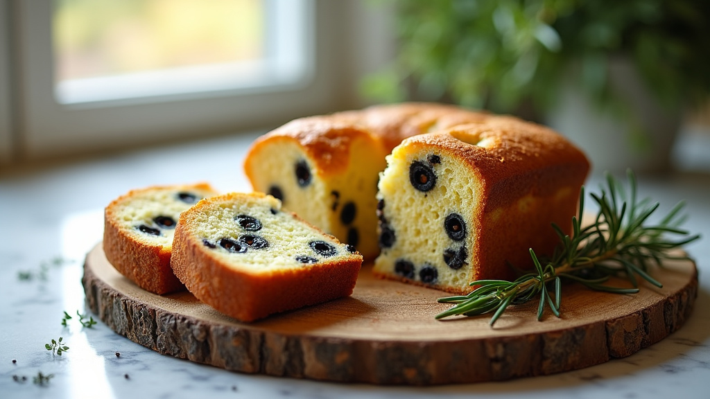 Cake aux olives doré sortant du four, posé sur une grille en bois avec une serviette en arrière-plan