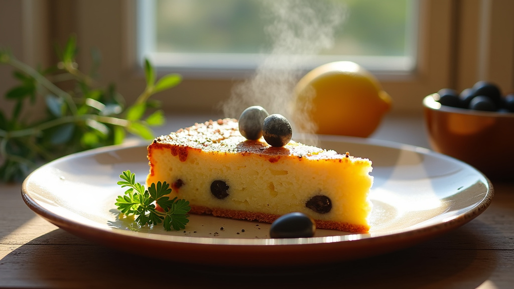 Cake aux olives et thon servi en tranches avec une salade verte et une vinaigrette