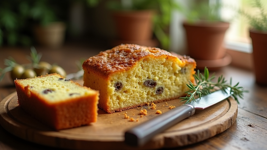 Cake moelleux aux olives et thon, coupé en tranches épaisses et servi avec une salade verte