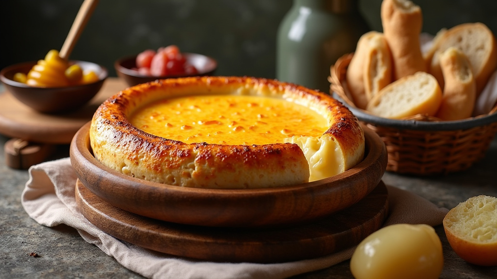 Camembert rôti au four avec garnitures savoureuses, servi avec du pain et des légumes