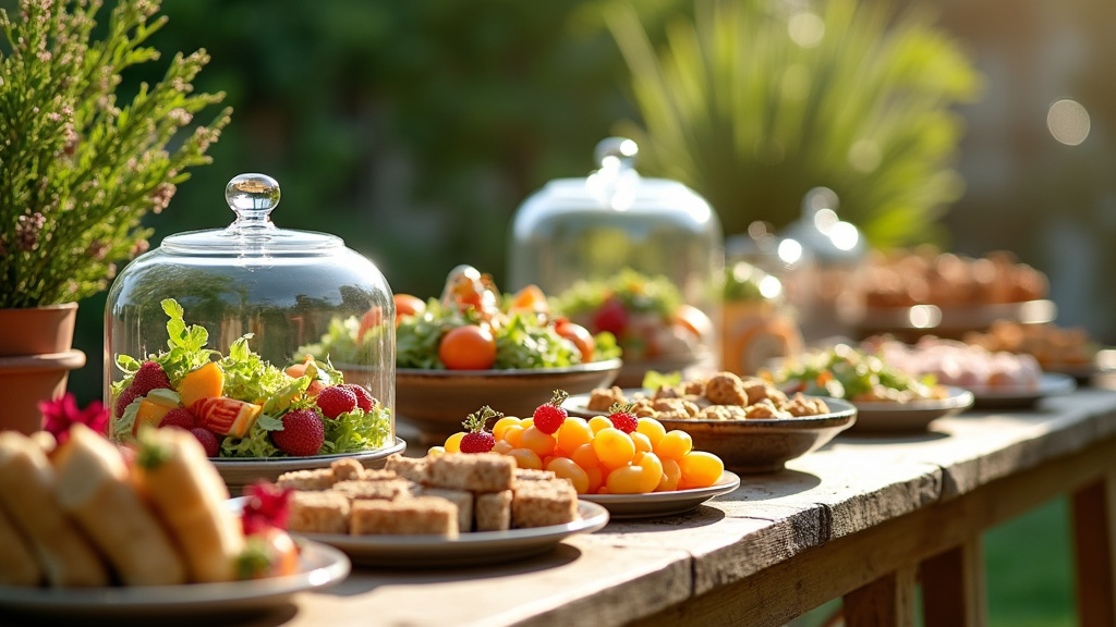 Détail d'un plateau d'apéritif dinatoire de Carrefour Traiteur avec verrines, brochettes et mini-quiches