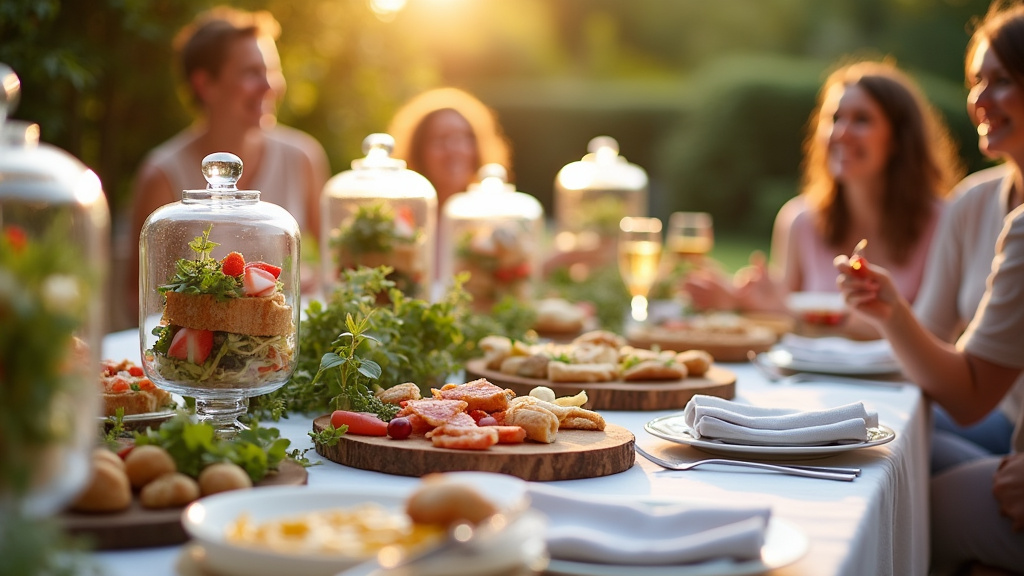 Buffet varié de Carrefour Traiteur avec plats chauds, froids et desserts pour événement familial