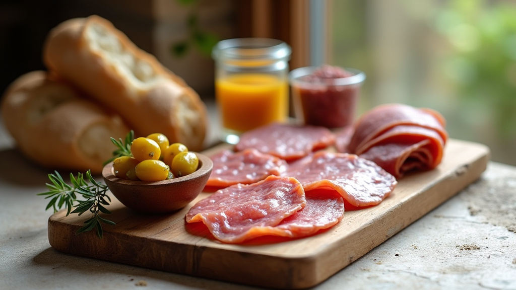 Assortiment de charcuteries artisanales françaises sur un plateau en bois rustique