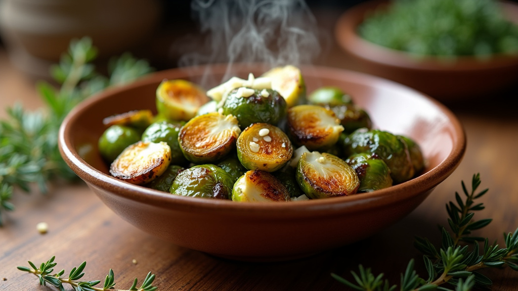 Plat coloré de choux de Bruxelles aux lardons et miel