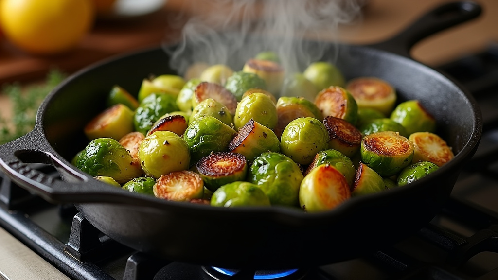 Assiette colorée avec choux de Bruxelles rôtis, accompagnés de pommes et lardons