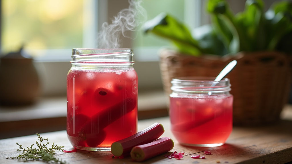 Pot de confiture de rhubarbe maison avec des morceaux de rhubarbe rosée et une cuillère en bois