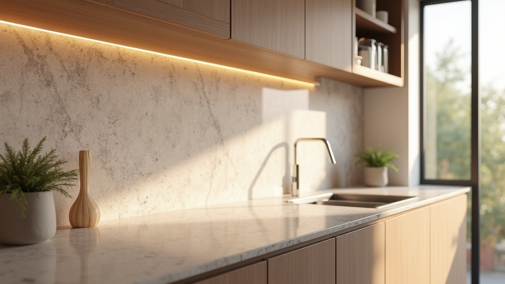 Détail d'une crédence en zellige vert jade avec éclairage LED intégré