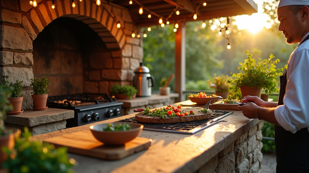 Cuisine extérieure avec plancha en inox, évier intégré et rangements en bois exotique