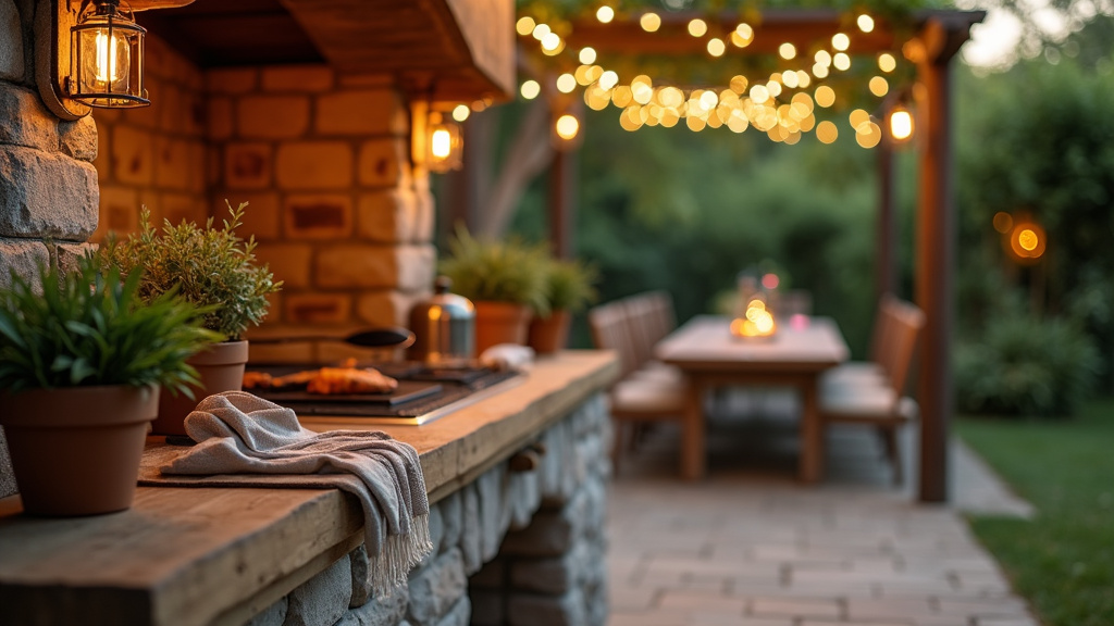 Cuisine d'été extérieure moderne avec plan de travail en pierre, barbecue encastré et éclairage ambiance