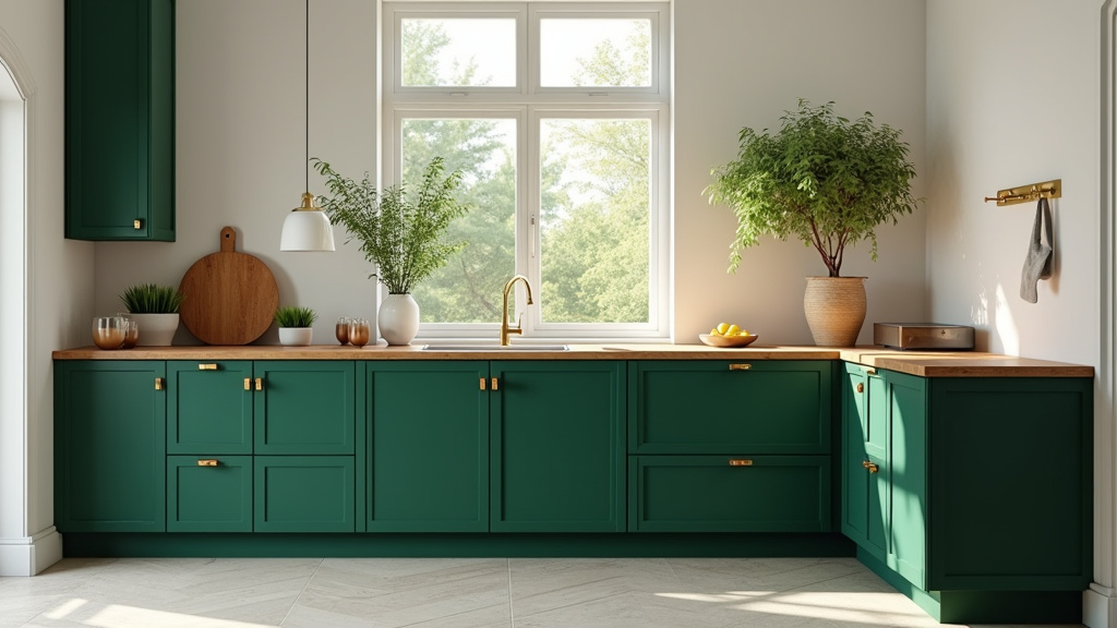 Cuisine contemporaine avec îlot central en bois clair et meubles hauts en vert sauge