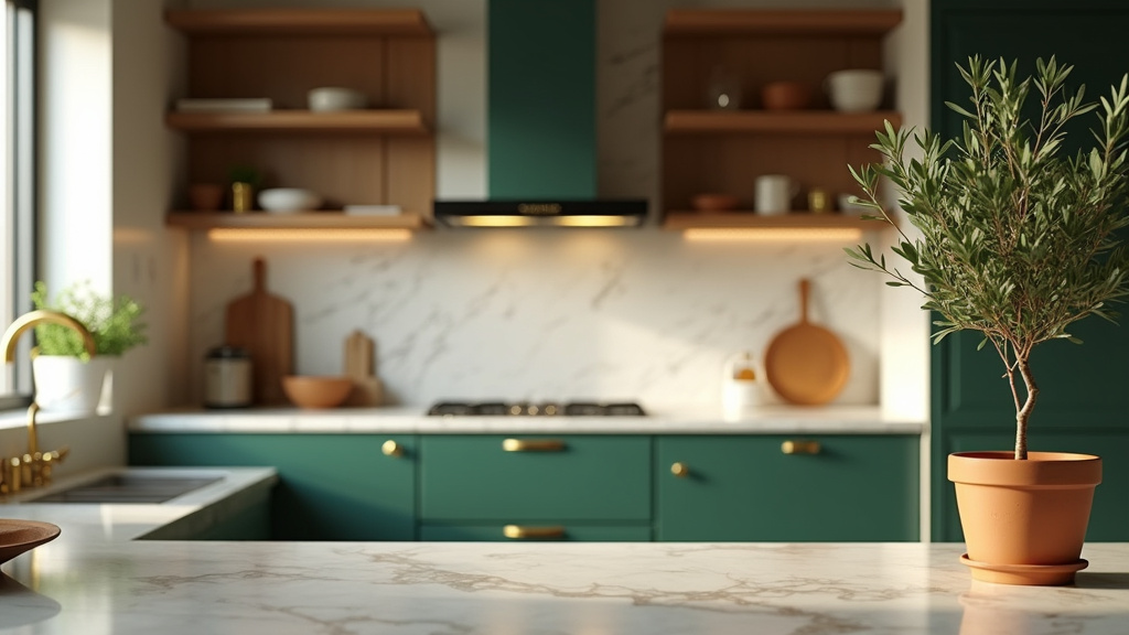 Cuisine moderne avec meubles en teinte verte, plan de travail en bois clair et crédence en céramique naturelle
