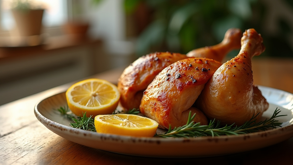 Cuisine équipée avec un four ouvert montrant des cuisses de poulet en cuisson