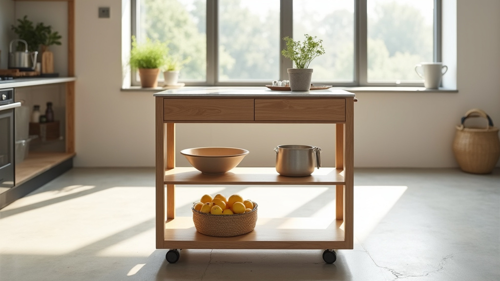 Desserte de cuisine en bois massif avec plateau en acier inoxydable et tiroirs en chêne