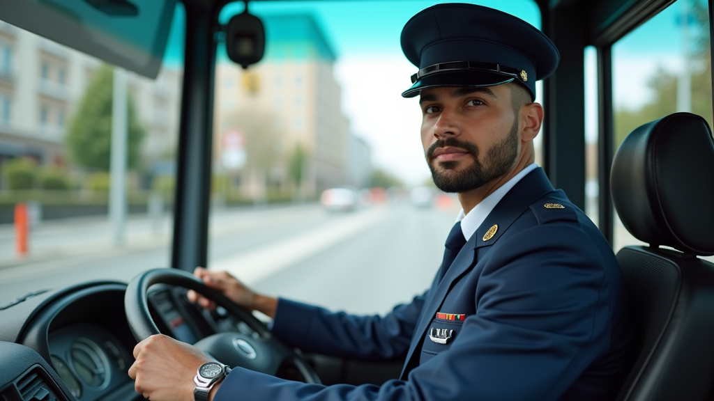 Conducteur de bus souriant au volant d'un bus moderne en ville