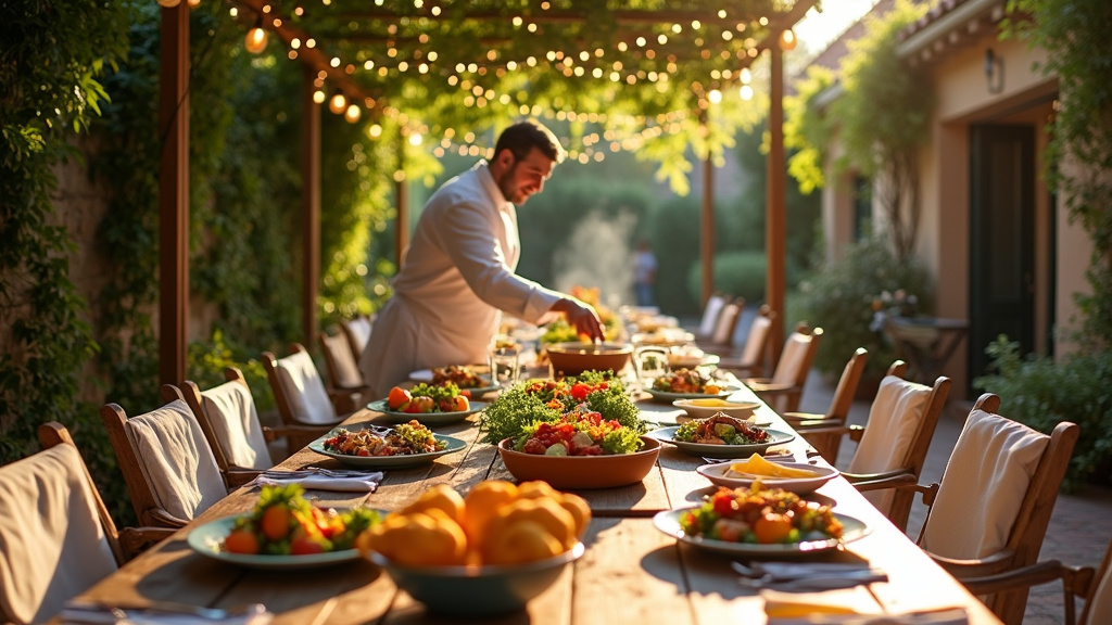 Équipe de traiteurs en action lors d'un mariage avec cuisson en direct