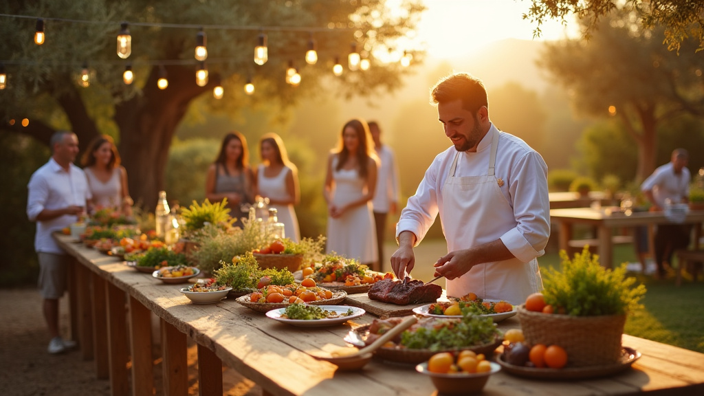 Équipe de cuisiniers en action lors d'un événement avec marmites géantes et table de préparation