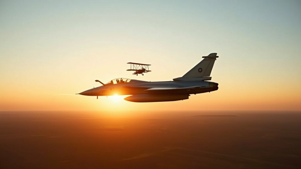 Silhouette d'un Rafale moderne en vol au coucher du soleil, avec des silhouettes historiques de chasseurs en arrière-plan