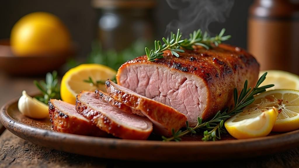 Filet mignon rôti au four avec une belle coloration dorée, entouré de légumes rôtis