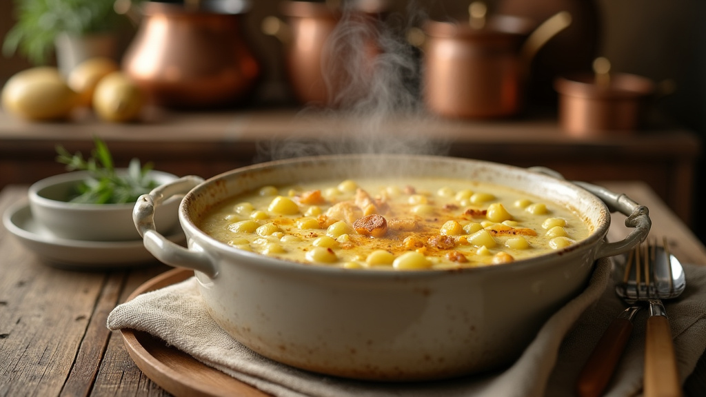 Fondue de poireaux crémeuse servie dans un plat en terre cuite avec une louche en bois