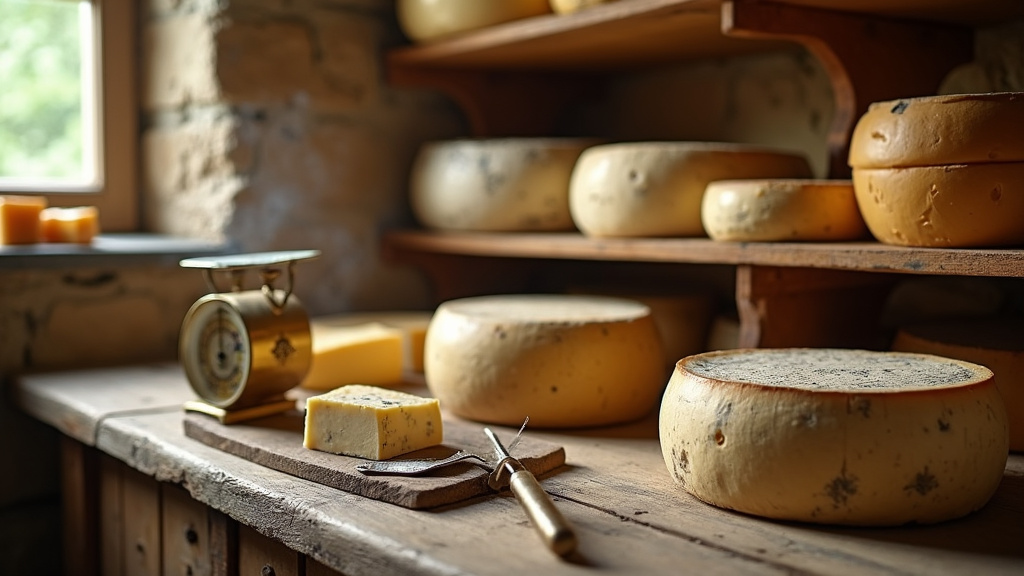 Intérieur d'une fromagerie artisanale avec des étagères de fromages affinés