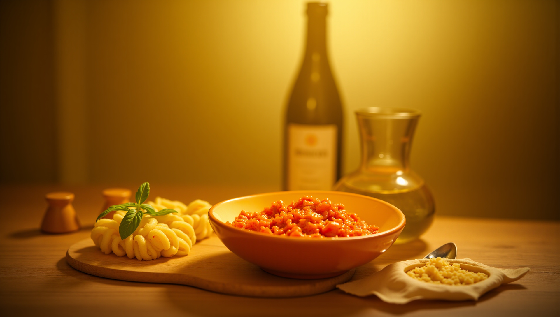 Table italienne dressée avec pâtes fraîches, ricotta, basilic frais et verre de Chianti