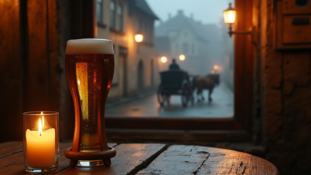 Verre Kwak emblématique en forme de sablier avec son support en bois, posé sur une table en bois rustique