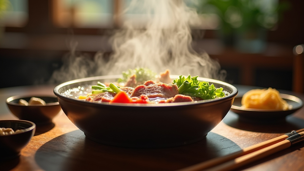 Vue rapprochée d'un hotpot en cours de dégustation avec ingrédients variés