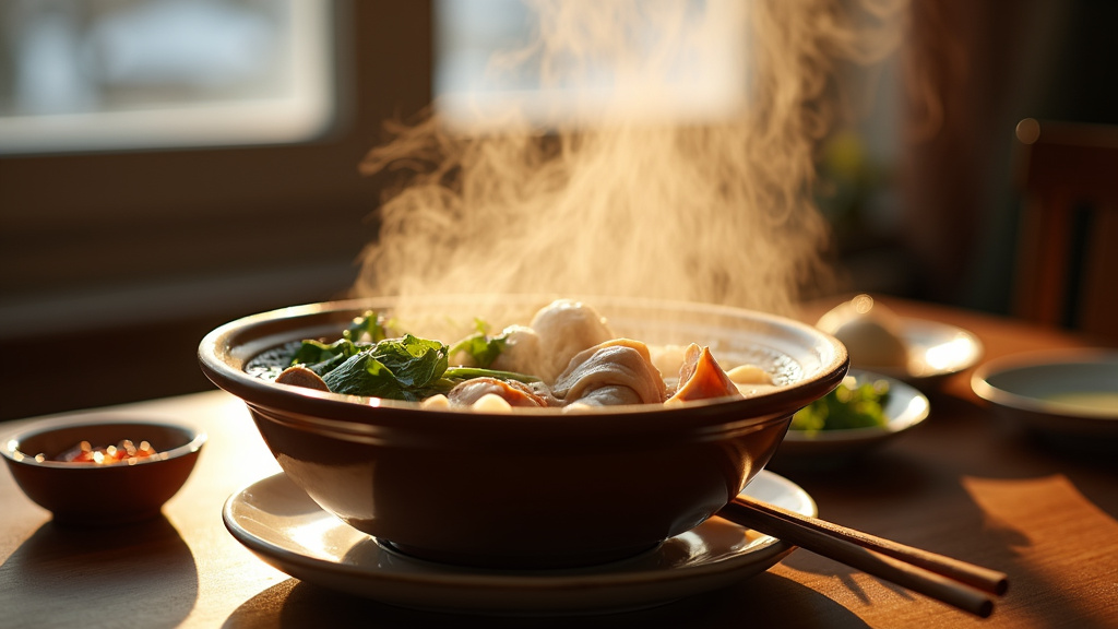 Table de hotpot asiatique avec marmite fumante entourée de convives souriants