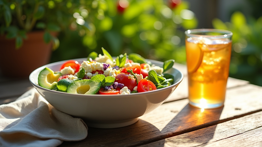Table de pique-nique estivale avec salade colorée, fruits frais et boissons rafraîchissantes