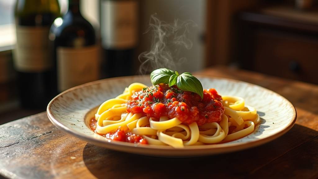 Plat de pâtes fraîches aux fruits de mer, magnifiquement dressé dans un restaurant italien