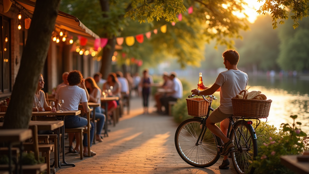 Ambiance festive dans une guinguette au bord de l'eau avec tables en bois et lampions