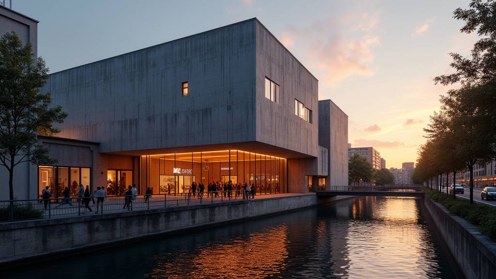 Façade du cinéma mk2 Quai de Loire à Paris, avec le canal de l'Ourcq en arrière-plan et des reflets sur l'eau