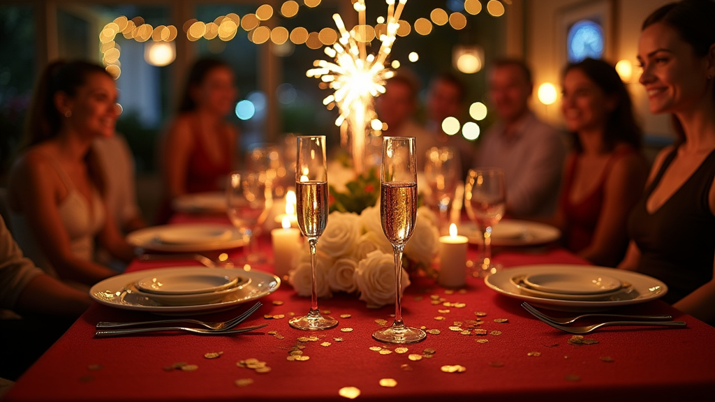 Célébration du réveillon du Nouvel An avec feux d'artifice et table festive