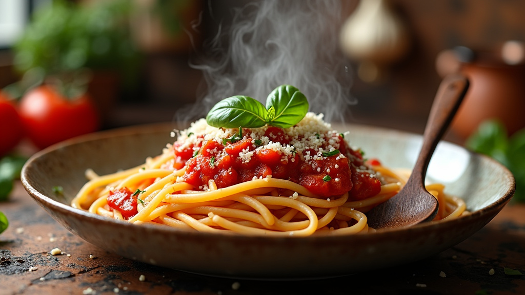 Assiette de pâtes italiennes artisanales avec sauce tomate fraîche et basilic