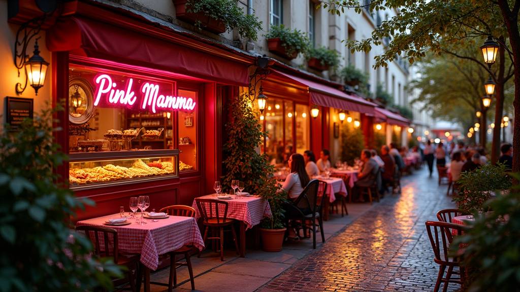 Façade colorée de Pink Mamma à Pigalle, avec enseigne lumineuse et terrasse animée