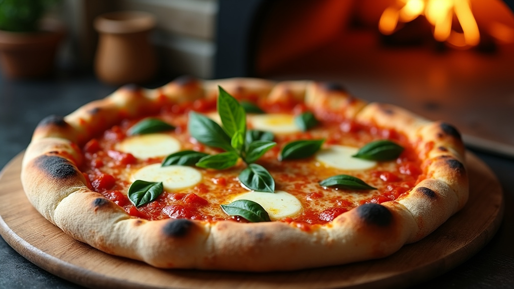 Pizza margherita sortant du four, croûte dorée et fromage bien fondu