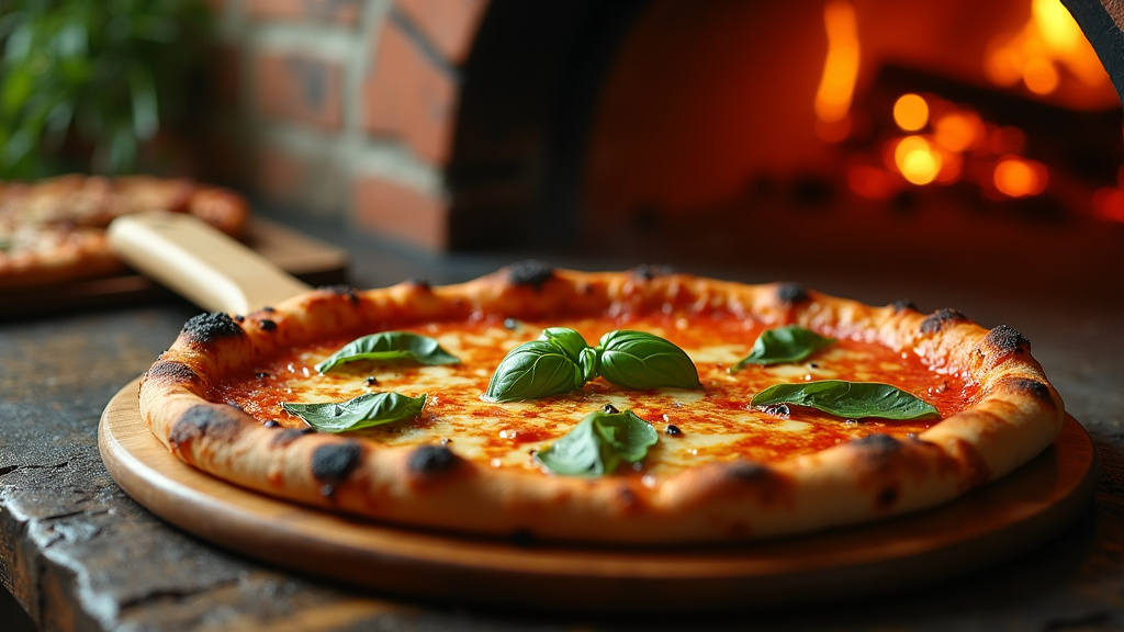 Intérieur chaleureux d'une pizzeria artisanale avec four à bois et tables en bois brut