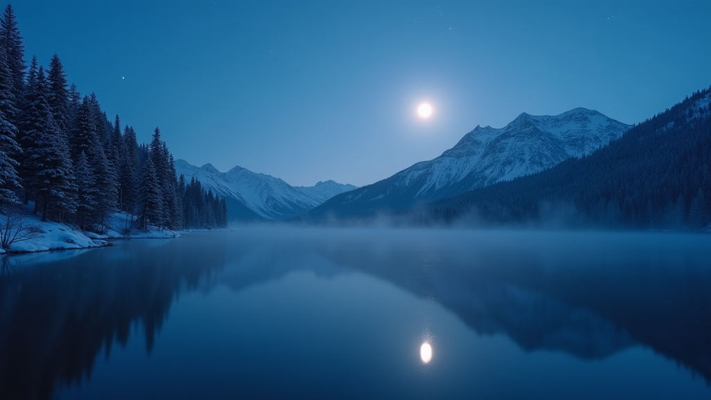 Pleine lune brillante dans un ciel nocturne étoilé au-dessus d'un paysage enneigé