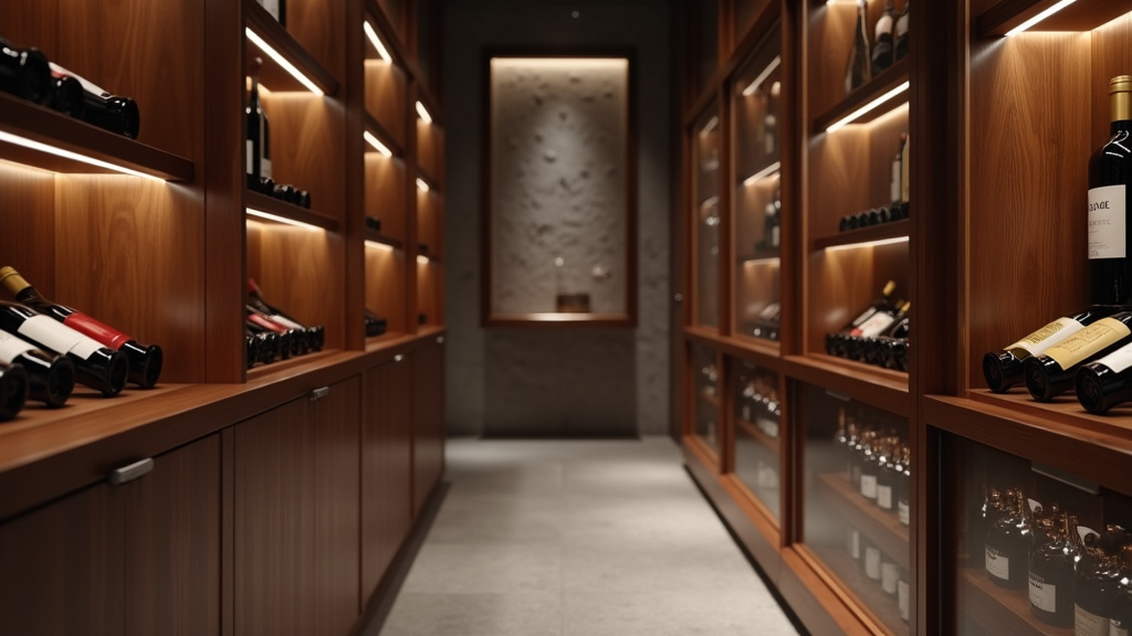 Cave à vin moderne avec rangées de bouteilles illuminées, ambiance chaleureuse