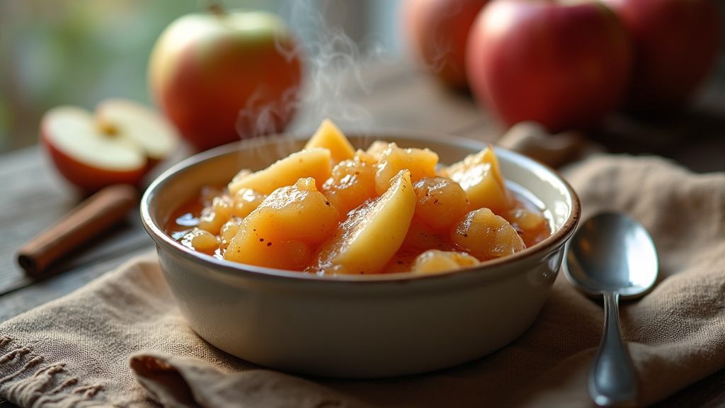 Bol de compote de pommes maison avec une cuillère en bois, posé sur une nappe en lin