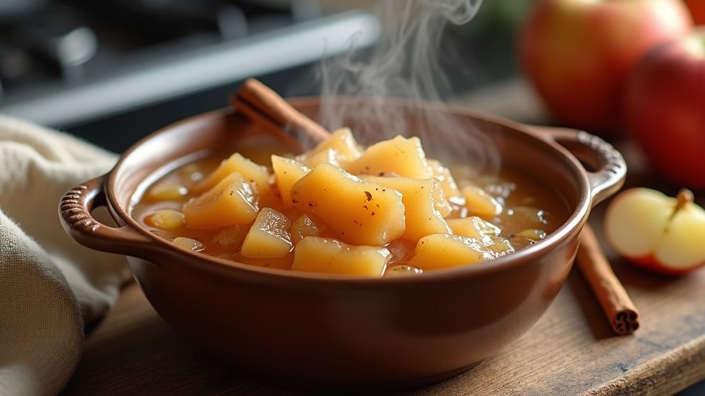 Compote de pommes maison dans un bol en céramique, avec des morceaux de pommes et une pincée de cannelle