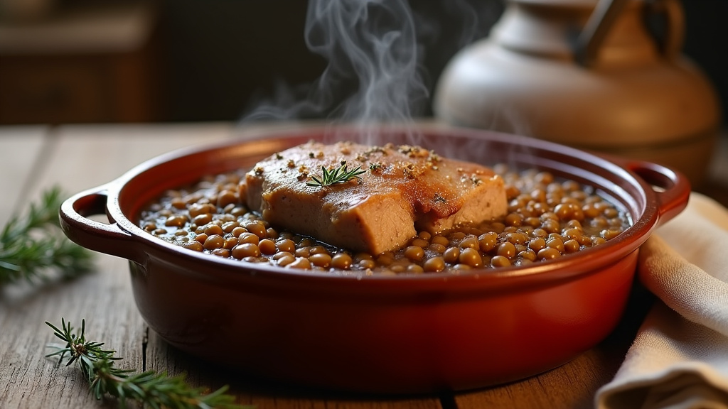 Morceaux de poitrine de porc demi-sel sur une planche en bois avec des herbes aromatiques