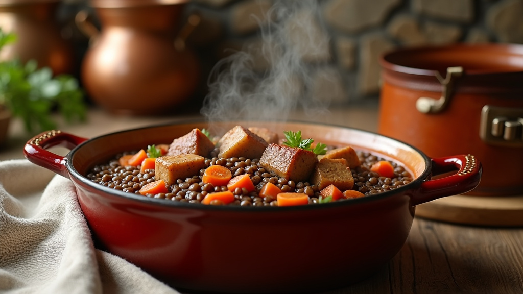 Marmite en fonte contenant un petit salé mijotant avec des lentilles et des légumes