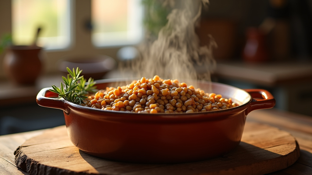 Plat traditionnel de petit salé aux lentilles dans une assiette en terre cuite, accompagné de saucisses fumées et légumes mijotés