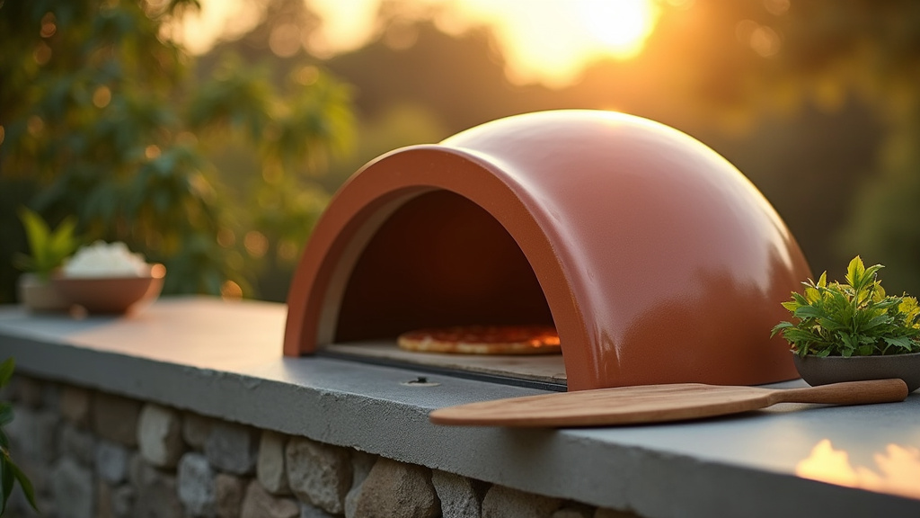Accessoires pour four à pizza disposés sur une table de cuisine : pelle, thermomètre, gants, brosse