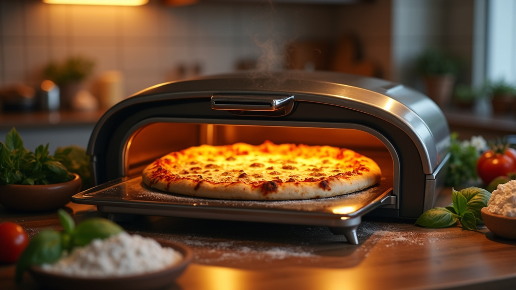 Four à pizza moderne en acier inoxydable sur une terrasse avec des ingrédients de pizza à proximité