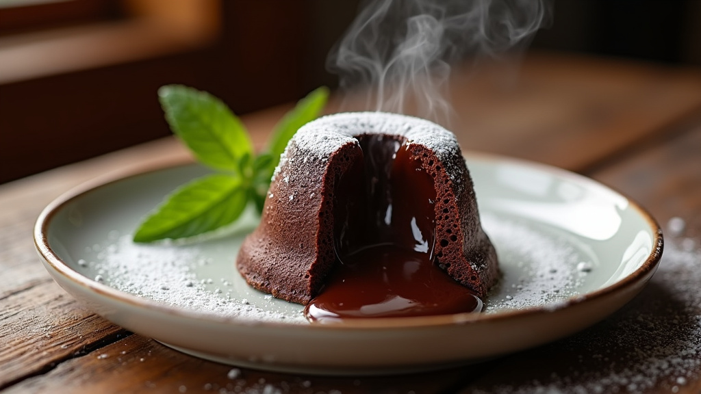 Détail d'un fondant au chocolat avec un cœur coulant qui s'écoule sur une assiette blanche